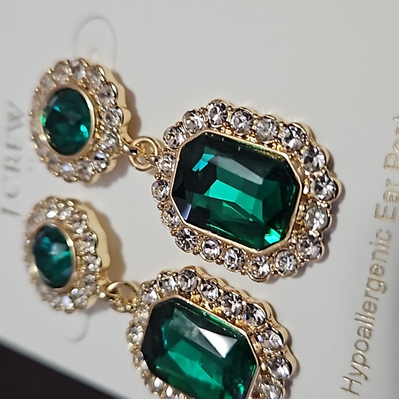 NEW J Crew Green Gold Crystal Drop Earrings - Picture 5 of 6